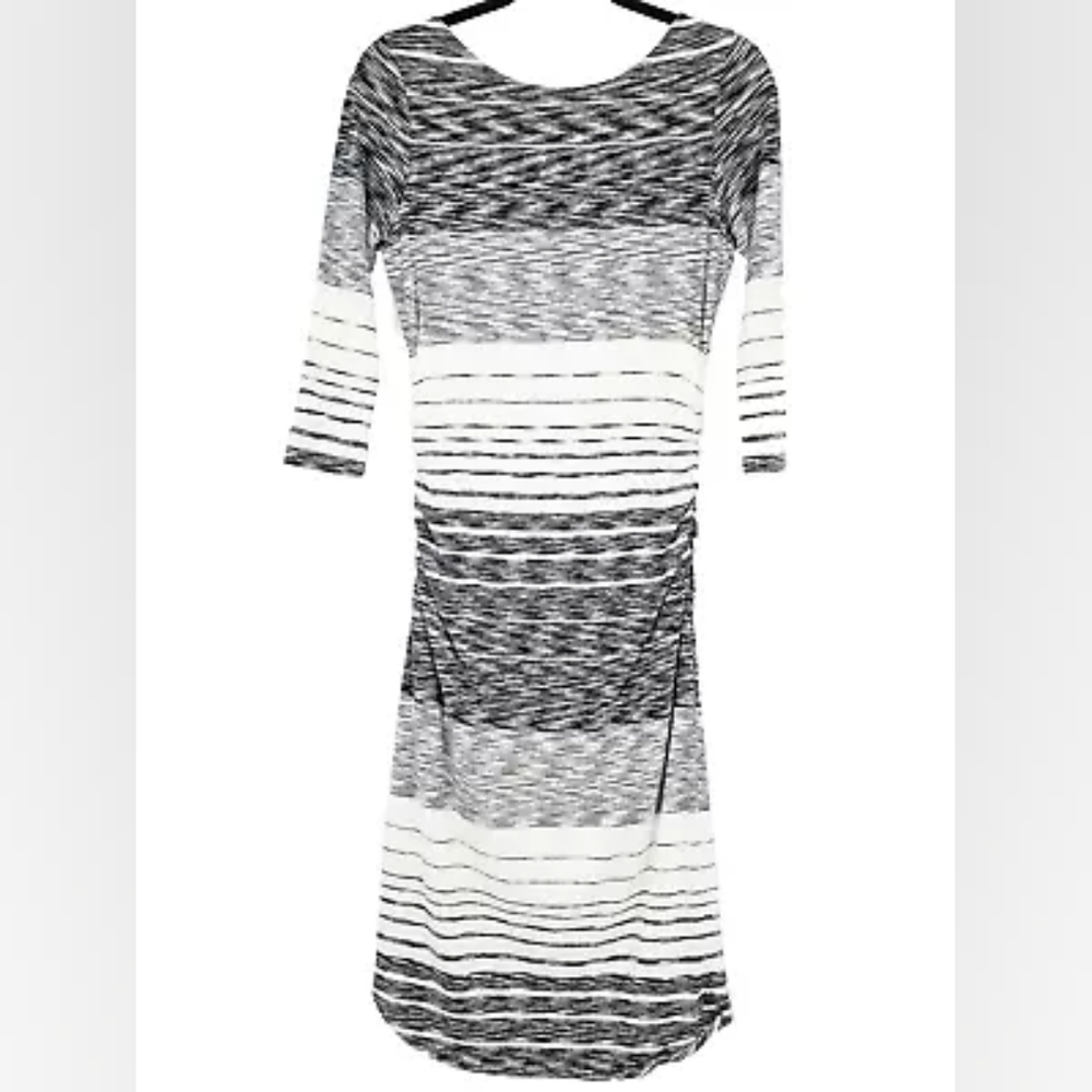 Athleta Comeback White & Black Stripe Ruched Jersey Knit Midi Dress
